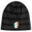 The EMB Canterbury Ireland Shield Beanie is a black, striped beanie featuring an embroidered emblem with green, white, and orange vertical stripes.
