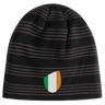 The EMB Canterbury Ireland Shield Beanie is a black, striped beanie featuring an embroidered emblem with green, white, and orange vertical stripes.