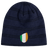 An Ireland Shield Beanie from EMB Canterbury, featuring navy blue stripes and an emblem with green, white, and orange vertical stripes.