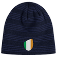 An Ireland Shield Beanie from EMB Canterbury, featuring navy blue stripes and an emblem with green, white, and orange vertical stripes.