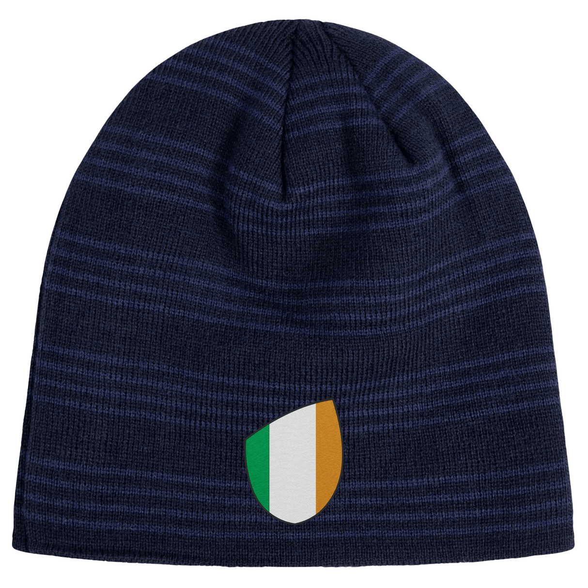 An Ireland Shield Beanie from EMB Canterbury, featuring navy blue stripes and an emblem with green, white, and orange vertical stripes.