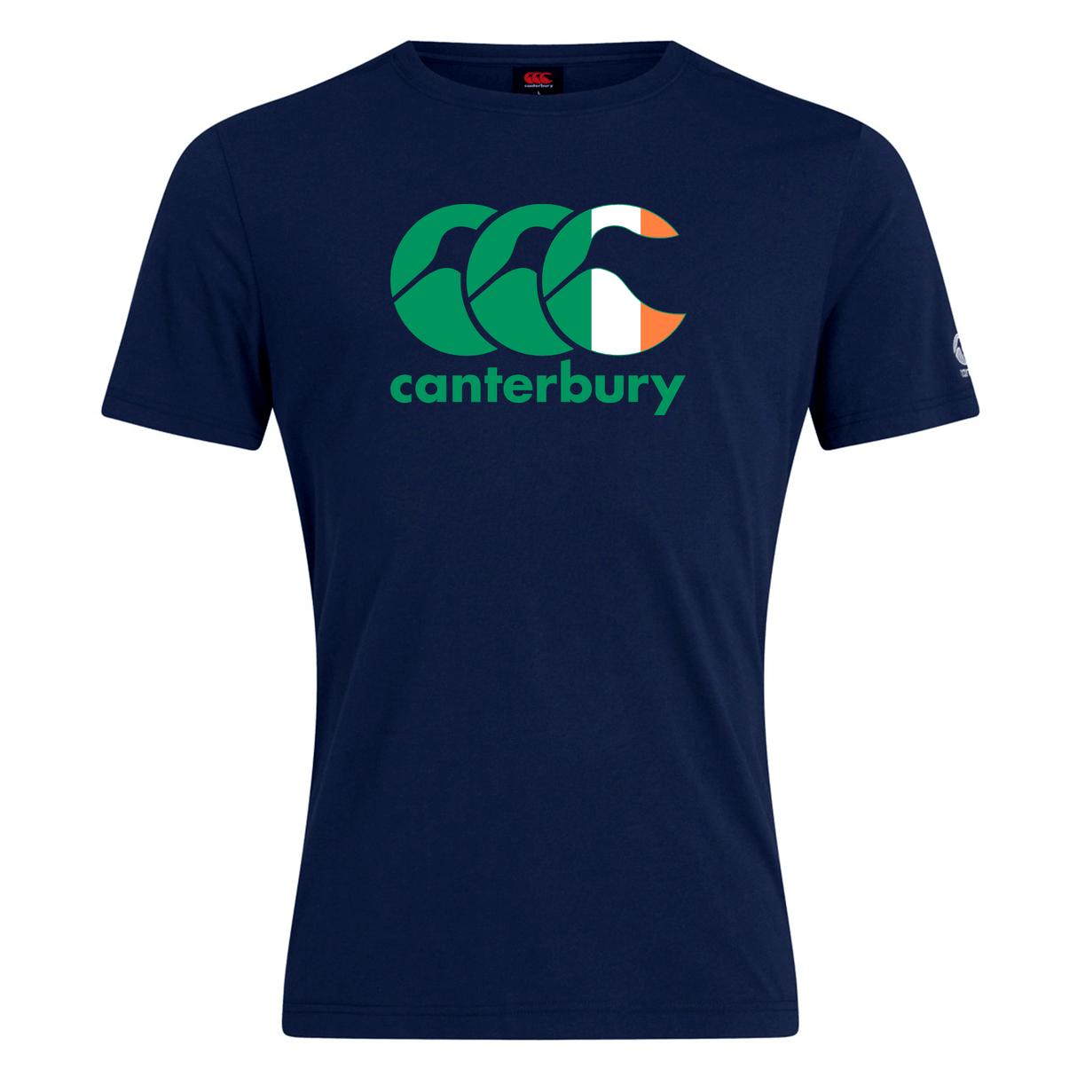 The WRS Canterbury Ireland CCC Flag Club T-Shirt is dark blue and features "Canterbury" text with a vibrant design of green, white, and orange curved shapes, ideal for fans who love rugby style and national pride.