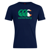 The WRS Canterbury Ireland CCC Flag Club T-Shirt is dark blue and features "Canterbury" text with a vibrant design of green, white, and orange curved shapes, ideal for fans who love rugby style and national pride.