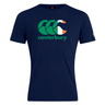 The WRS Canterbury Ireland CCC Flag Club T-Shirt is dark blue and features "Canterbury" text with a vibrant design of green, white, and orange curved shapes, ideal for fans who love rugby style and national pride.