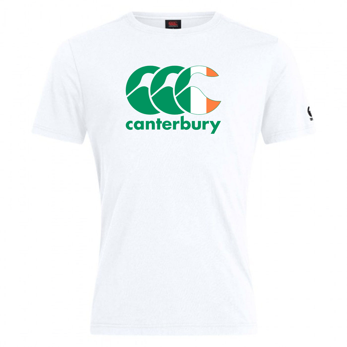 The WRS Canterbury Ireland CCC Flag Club T-Shirt is a white shirt featuring the iconic green and orange CCC Kiwi Logo on the front, ideal for supporters of the collection.