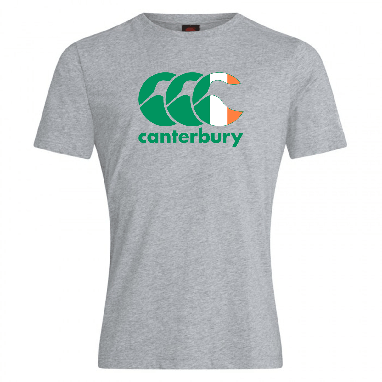 The Canterbury Ireland CCC Flag Club T-Shirt by WRS Canterbury is a gray tee showcasing the iconic green and white logo on the front.