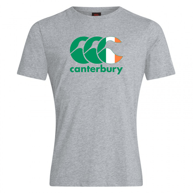 The Canterbury Ireland CCC Flag Club T-Shirt by WRS Canterbury is a gray tee showcasing the iconic green and white logo on the front.