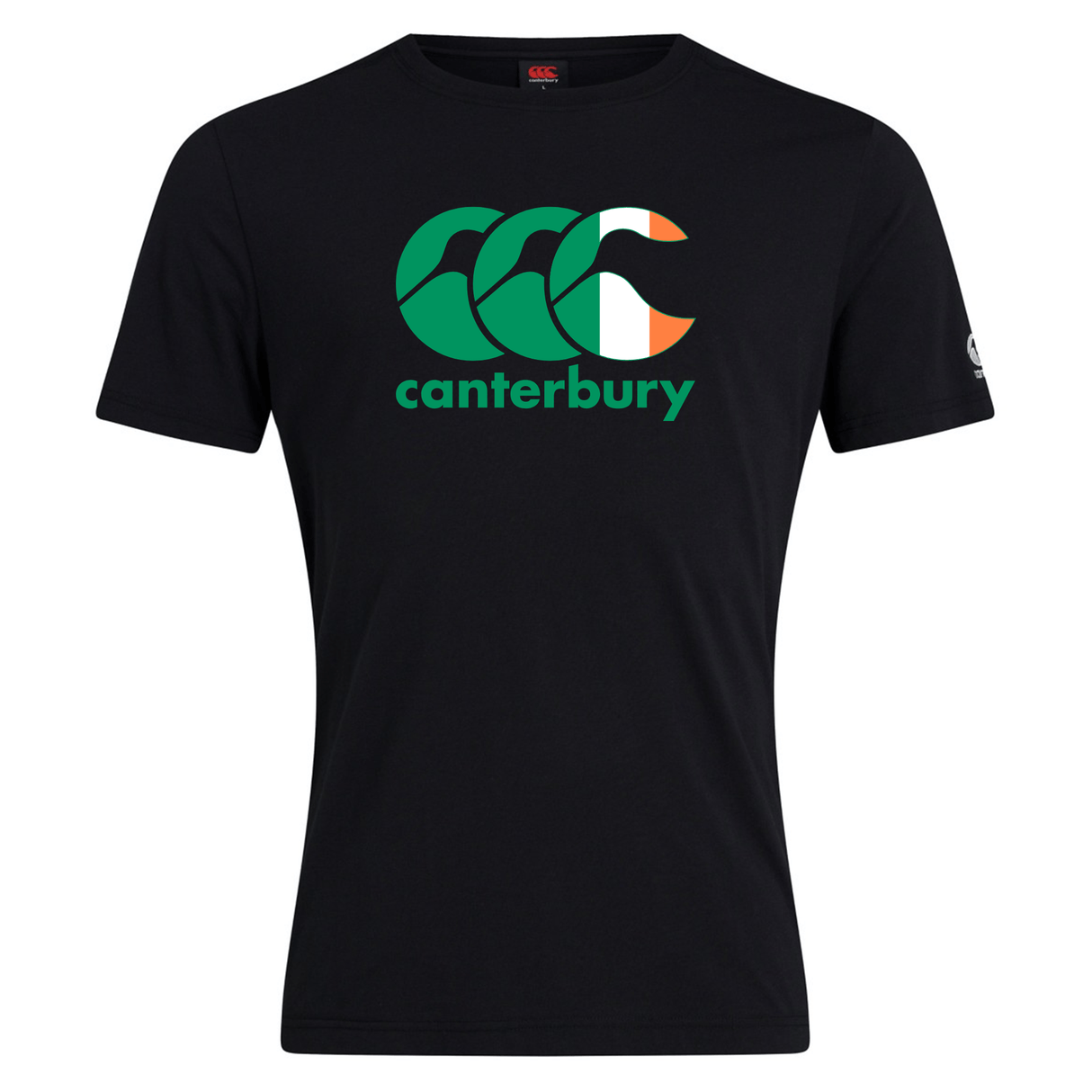 This WRS Canterbury Ireland CCC Flag Club T-Shirt in black features green and orange accents with the Canterbury logo, highlighting its unique style.