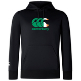 The Canterbury Ireland CCC Club Lightweight Hoodie from WRS Canterbury is black, has a kangaroo pocket, and features the embroidered Canterbury logo in green and orange on the front.