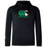 The Canterbury Ireland CCC Club Lightweight Hoodie from WRS Canterbury is black, has a kangaroo pocket, and features the embroidered Canterbury logo in green and orange on the front.