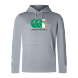 The Canterbury Ireland CCC Club Lightweight Hoodie by WRS Canterbury is gray with embroidered details, a front pocket, and the iconic Canterbury logo in green, white, and orange on the chest. This hoodie effortlessly combines comfort and style.
