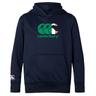 The WRS Canterbury Ireland CCC Club Lightweight Hoodie in navy blue showcases a front logo blending Irish flag colors with "Canterbury" text, features a large front pocket, embroidered details, and has a smaller Canterbury logo on the left sleeve for a stylish and unique look.