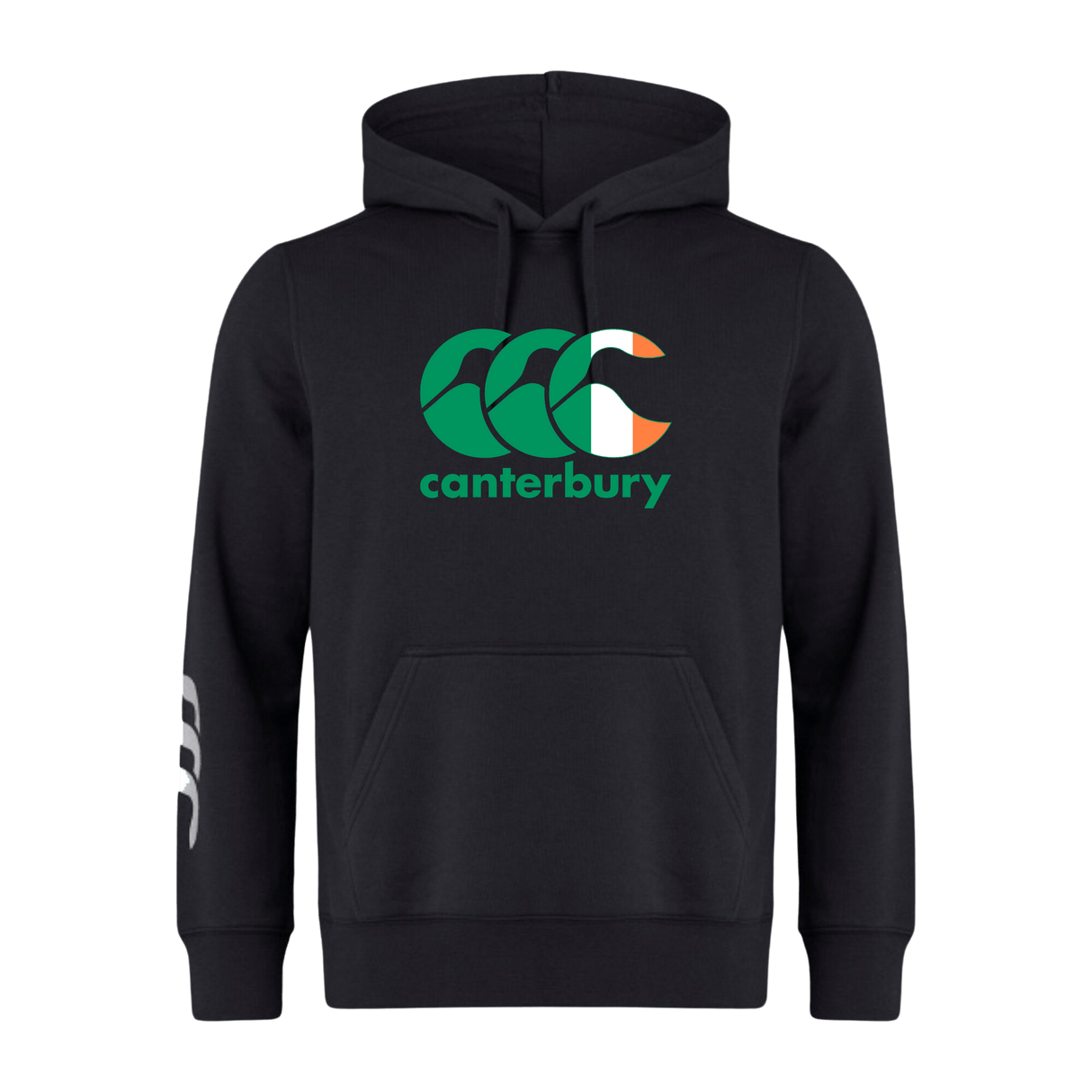 The WRS Canterbury Ireland CCC Flag Club Hoodie is black with a green, white, and orange "Canterbury" logo on the chest and a white logo on the left sleeve.