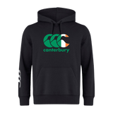 The WRS Canterbury Ireland CCC Flag Club Hoodie is black with a green, white, and orange "Canterbury" logo on the chest and a white logo on the left sleeve.