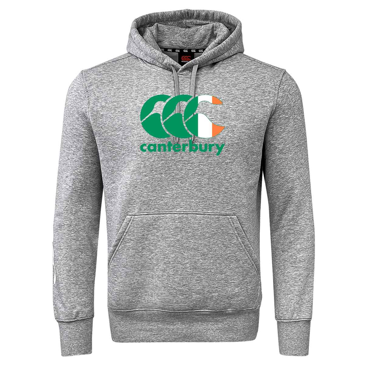 Gray Canterbury Ireland CCC Flag Club Hoodie by WRS Canterbury with a large front pocket and "Canterbury" logo featuring the CCC Flag Design in green, white, and orange.