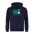 The Canterbury Ireland CCC Flag Club Hoodie by WRS Canterbury in navy blue features a vibrant green, orange, and white Ireland logo, with a subtle white CCC Flag Design on the left sleeve.