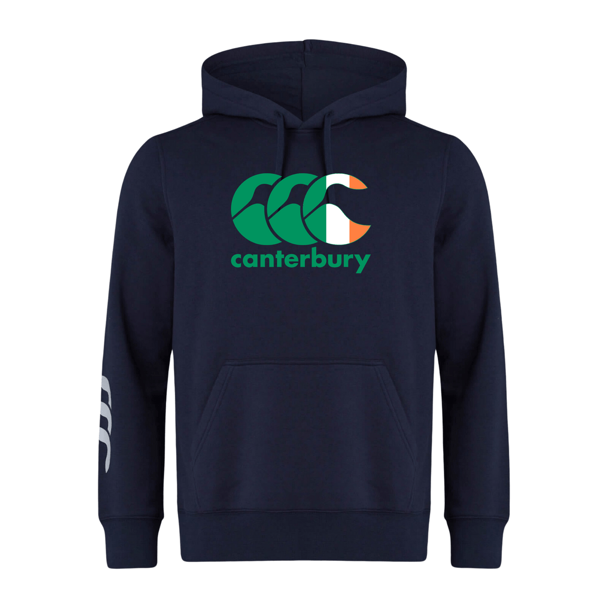 The Canterbury Ireland CCC Flag Club Hoodie by WRS Canterbury in navy blue features a vibrant green, orange, and white Ireland logo, with a subtle white CCC Flag Design on the left sleeve.