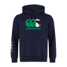 The Canterbury Ireland CCC Flag Club Hoodie by WRS Canterbury in navy blue features a vibrant green, orange, and white Ireland logo, with a subtle white CCC Flag Design on the left sleeve.
