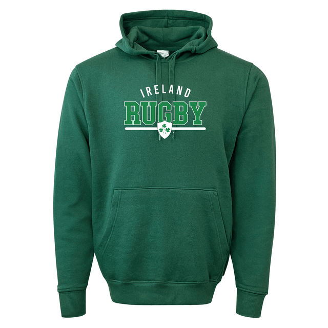 WRS Augusta's Nations of Rugby Ireland Wordmark 60/40 Pullover Hoodie is a green hoodie featuring the text "Ireland Rugby" and a small white four-leaf clover emblem on the front, making it perfect for fans of the Nations of Rugby.