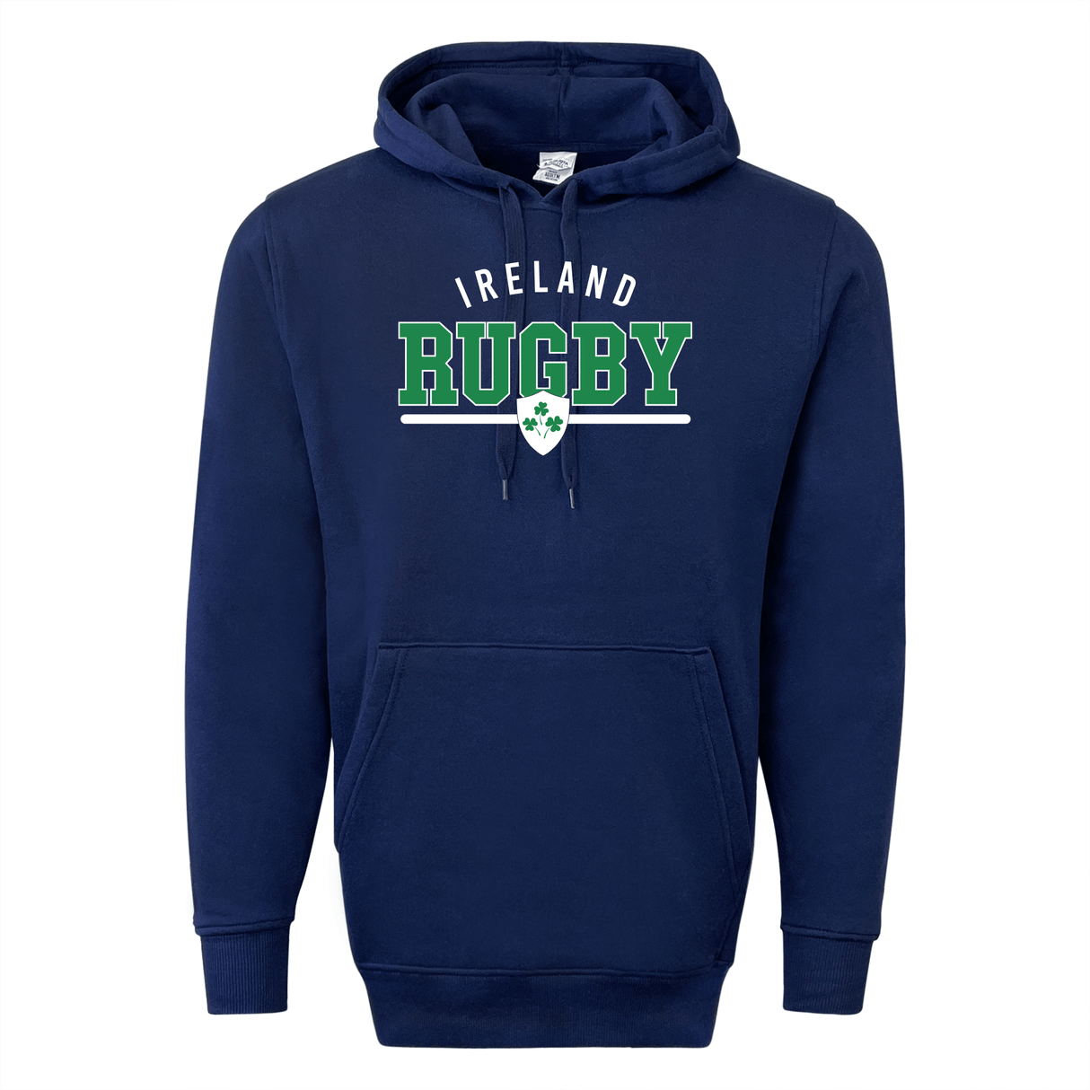 The WRS Augusta Nations of Rugby Ireland Wordmark 60/40 Pullover Hoodie is a navy blue hoodie featuring a front pocket and hood. It proudly displays "Ireland Rugby" in green and white text on the front, along with an Ireland wordmark shield emblem, celebrating the Nations of Rugby.