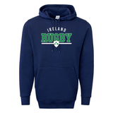 The WRS Augusta Nations of Rugby Ireland Wordmark 60/40 Pullover Hoodie is a navy blue hoodie featuring a front pocket and hood. It proudly displays "Ireland Rugby" in green and white text on the front, along with an Ireland wordmark shield emblem, celebrating the Nations of Rugby.