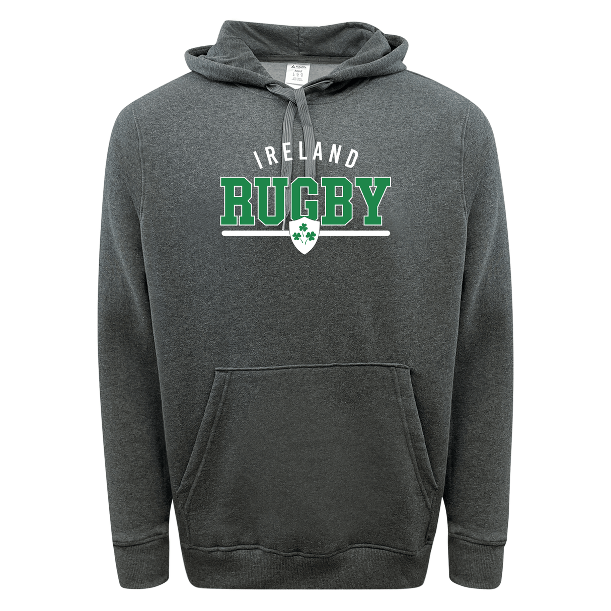 The Nations of Rugby Ireland Wordmark 60/40 Pullover Hoodie by WRS Augusta is a dark gray hoodie with a front pocket, emblazoned with "Ireland Rugby," a rugby ball, and shamrock emblem in green and white on the chest. This essential piece proudly displays your support for the Nations of Rugby.