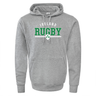The Nations of Rugby Ireland Wordmark 60/40 Pullover Hoodie by WRS Augusta is a stylish gray pullover featuring a front pocket, the "IRELAND RUGBY" wordmark in green and white text, and a shamrock emblem underneath. Ideal for fans supporting the Nations of Rugby.