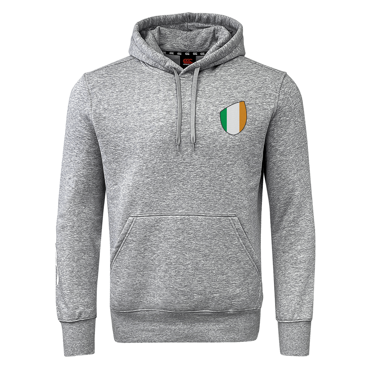 The EMB Canterbury Ireland Shield Club Hoodie, made of premium gray sweatshirt fleece, features a front pocket, drawstrings, and an embroidered green, white, and orange shield on the chest with distinctive sleeve branding.