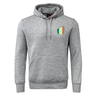 The EMB Canterbury Ireland Shield Club Hoodie, made of premium gray sweatshirt fleece, features a front pocket, drawstrings, and an embroidered green, white, and orange shield on the chest with distinctive sleeve branding.