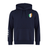 The EMB Canterbury Ireland Shield Club Hoodie, made from premium sweatshirt fleece, is navy with Canterbury branding on the sleeve. It includes a front pocket, drawstrings, and an eye-catching Irish flag shield design on the chest.