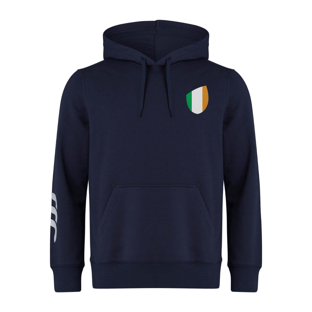 The EMB Canterbury Ireland Shield Club Hoodie, made from premium sweatshirt fleece, is navy with Canterbury branding on the sleeve. It includes a front pocket, drawstrings, and an eye-catching Irish flag shield design on the chest.