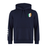 The EMB Canterbury Ireland Shield Club Hoodie, made from premium sweatshirt fleece, is navy with Canterbury branding on the sleeve. It includes a front pocket, drawstrings, and an eye-catching Irish flag shield design on the chest.