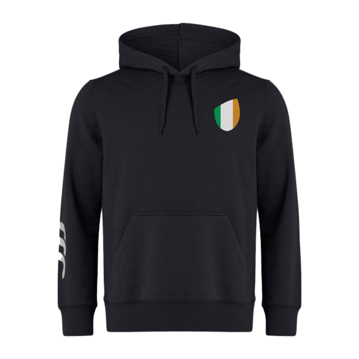 The Ireland Shield Club Hoodie by EMB Canterbury is a black masterpiece featuring a tricolor shield emblem on the chest and sleeve branding, crafted from premium sweatshirt fleece for ultimate comfort.