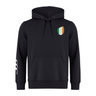 The Ireland Shield Club Hoodie by EMB Canterbury is a black masterpiece featuring a tricolor shield emblem on the chest and sleeve branding, crafted from premium sweatshirt fleece for ultimate comfort.