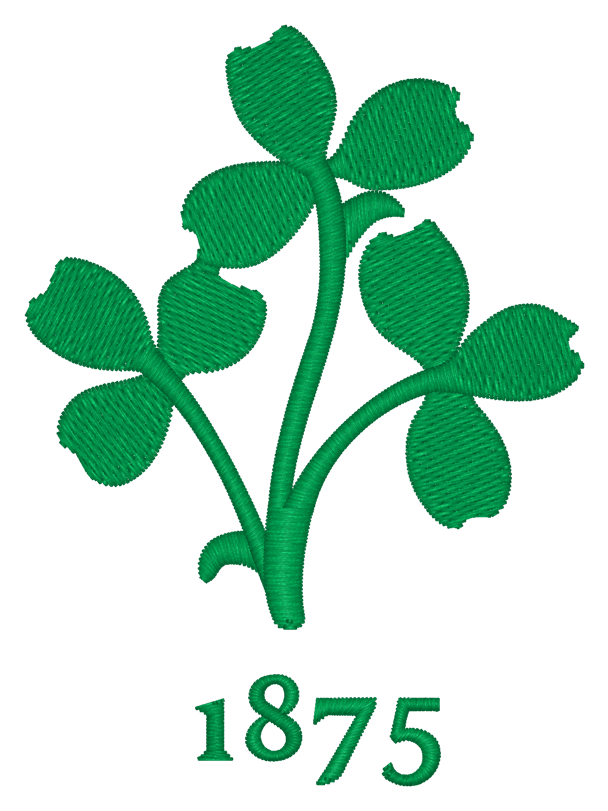 A green three-leaf clover above "1875" in green text captures a vintage embroidered look, perfect for fans of the EMB S&S Activewear Nations of Rugby Ireland Vintage Dad Cap. Transparent background highlights its classic Irish rugby style.