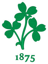 A green three-leaf clover above "1875" in green text captures a vintage embroidered look, perfect for fans of the EMB S&S Activewear Nations of Rugby Ireland Vintage Dad Cap. Transparent background highlights its classic Irish rugby style.