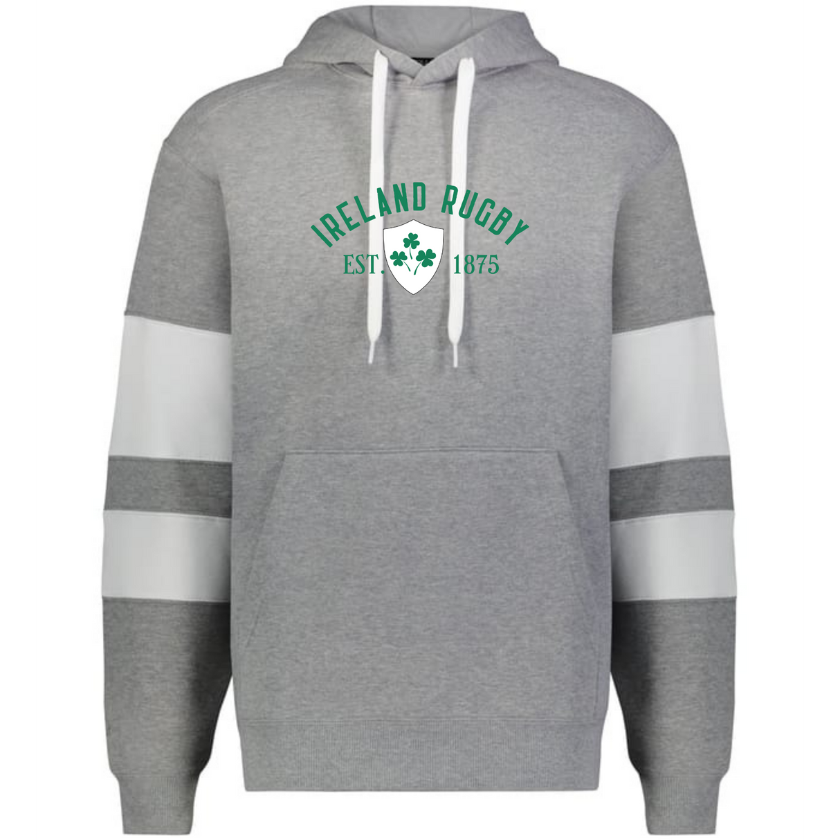 The WRS Augusta Nations of Rugby Ireland Est 1875 Jackson Way Hoodie features white drawstrings, white sleeve stripes, and a shamrock crest—perfect for any Ireland Rugby fan.