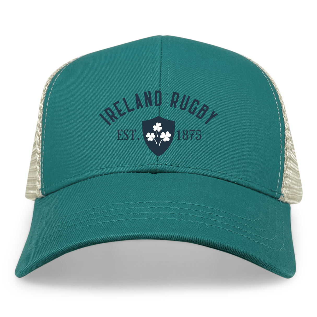 This Ireland Rugby 1875 Navy Text Eco Trucker Cap by EMB Alpha Broder features an embroidered design, showcasing the team's emblem.