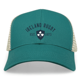 This Ireland Rugby 1875 Navy Text Eco Trucker Cap by EMB Alpha Broder features an embroidered design, showcasing the team's emblem.