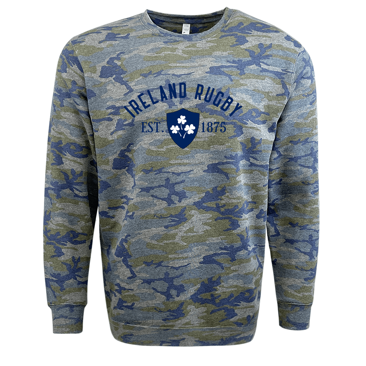 A camouflage sweatshirt with the word Ireland Rugby Est 1875 Camo Crew Sweatshirt by WRS LAT on it.