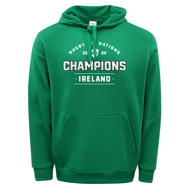 Green Ireland 6 Nations 2024 Champions 60/40 Hoodie pullover with WRS Augusta print.