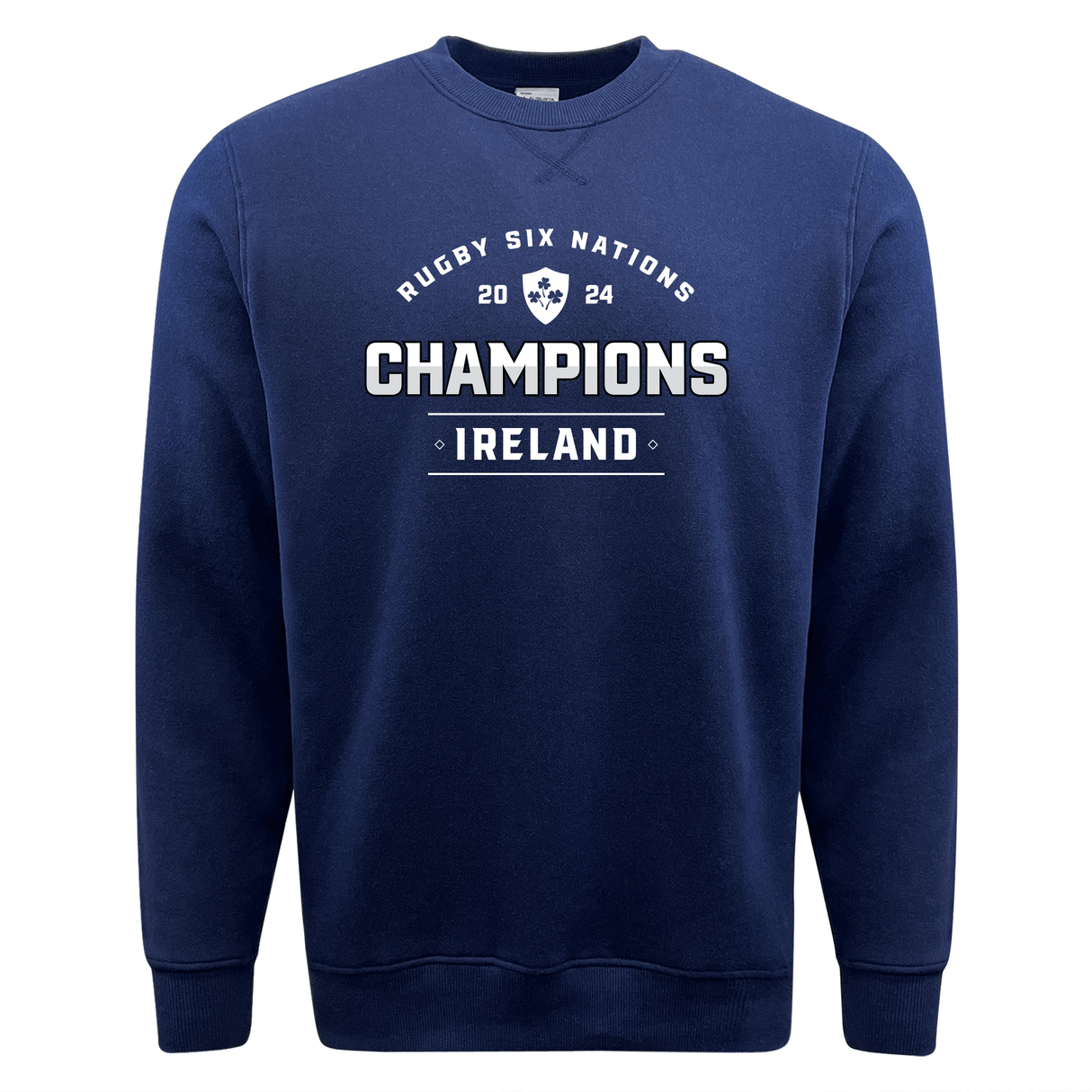 Navy blue athletic Ireland 6 Nations 2024 Champions fleece crewneck sweatshirt commemorating Ireland as the "6 Nations 2024 Champions, by WRS Augusta.