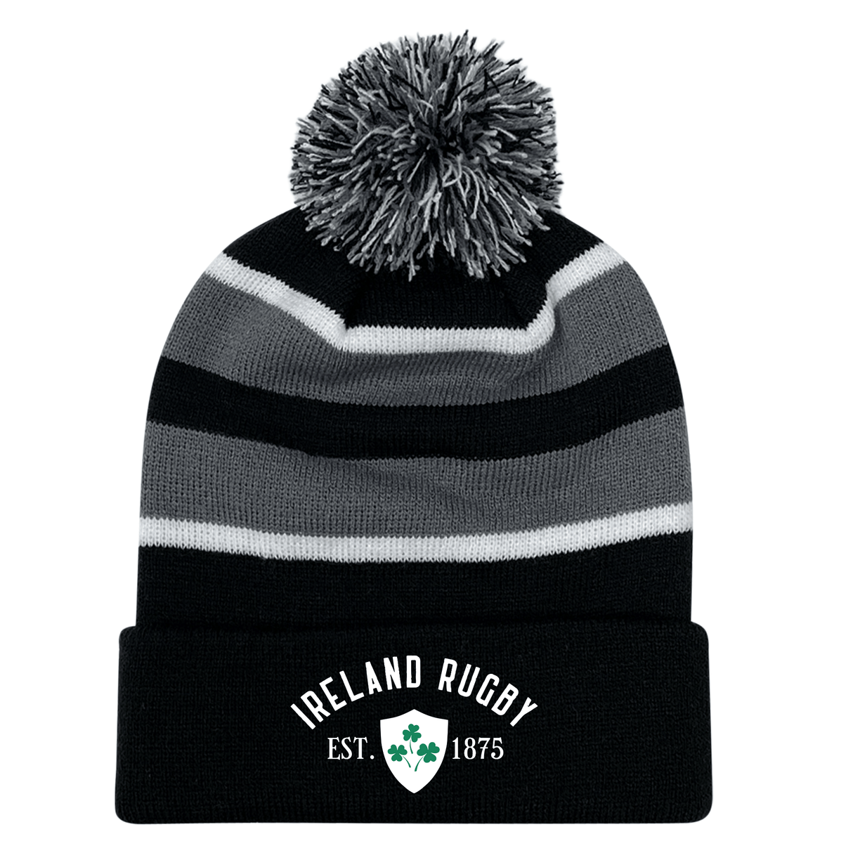 The Ireland Rugby 1875 White Text Hooped Pom-Pom Beanie by EMB Augusta features an embroidered design.
