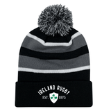 The Ireland Rugby 1875 White Text Hooped Pom-Pom Beanie by EMB Augusta features an embroidered design.