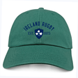 The EMB S&S Activewear Ireland Rugby 1875 Navy Logo Dad Cap is made from Cotton Twill and features "Ireland Rugby Est. 1875" with a blue shamrock logo embroidered on the front.