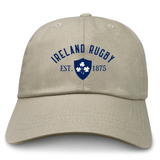The EMB S&S Activewear Ireland Rugby 1875 Navy Logo Dad Cap features a blue shield shamrock logo with "IRELAND RUGBY EST. 1875" embroidery on the front in classic cotton twill dad cap style—perfect for fans.