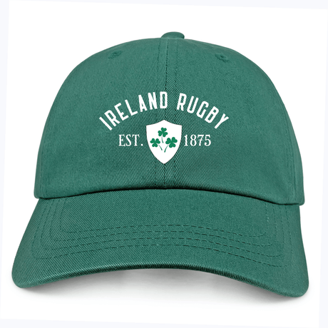 The Ireland Rugby 1875 White Logo Dad Cap by EMB S&S Activewear is a green cotton twill cap featuring "Ireland Rugby Est. 1875" and a white shield with three shamrocks on the front.