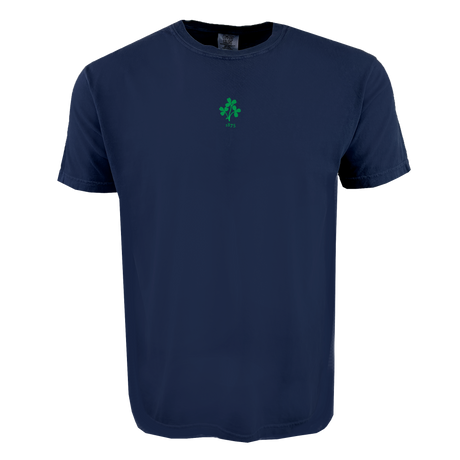 The EMB S&S Activewear Ireland Vintage Comfort Tee is a navy blue, short-sleeve shirt featuring a small green shamrock and "1975" on the chest—ideal for rugby fans seeking a classic, vintage style.
