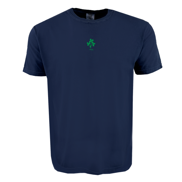 The EMB S&S Activewear Ireland Vintage Comfort Tee is a navy blue, short-sleeve shirt featuring a small green shamrock and "1975" on the chest—ideal for rugby fans seeking a classic, vintage style.