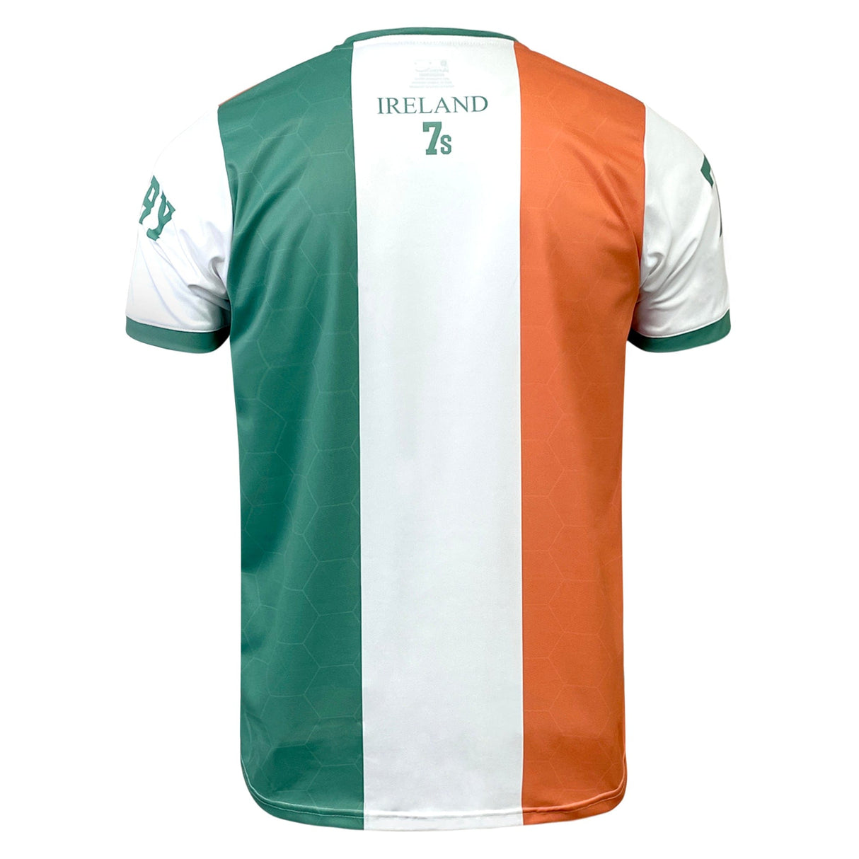 An Admiral Nations of Rugby Ireland Sevens Rugby Flag Jersey featuring vertical green, white, and orange stripes. Text on the back reads "Ireland Sevens Rugby," perfect for rugby fans.